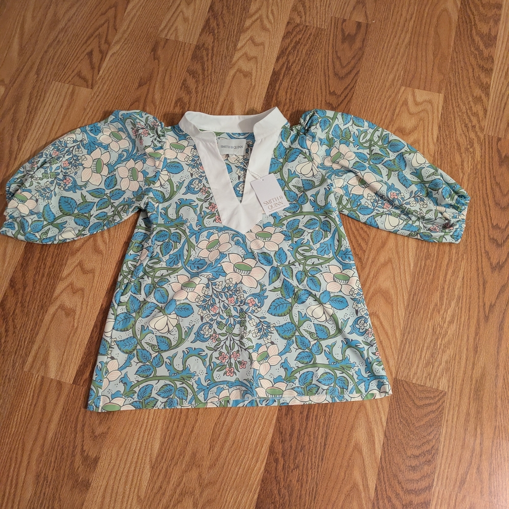 Floral Top with Blue and Green Pattern